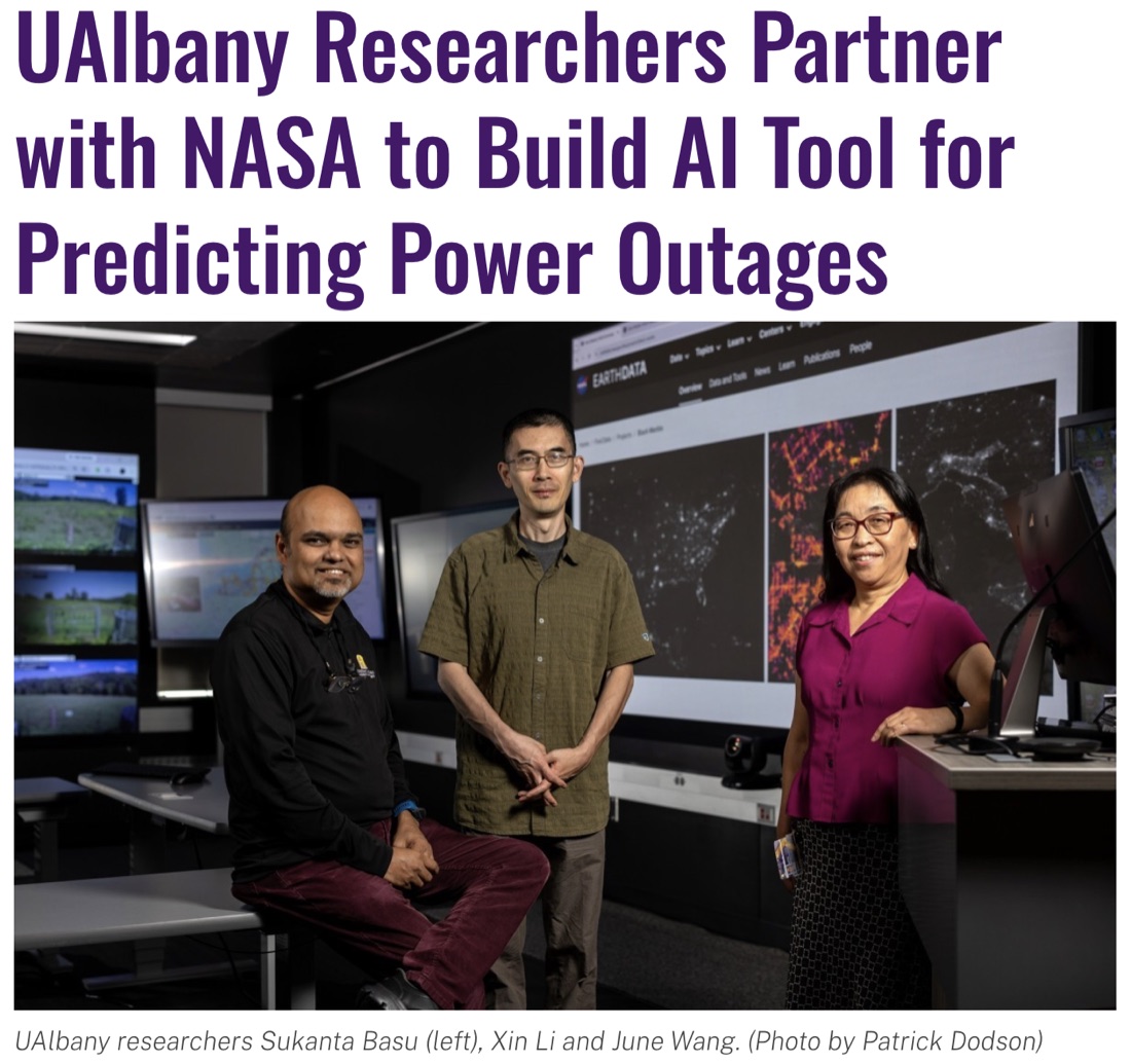 UAlbany news story: researchers partner with NASA to build an AI tool for predicting power outages, with Sukanta Basu, Xin Li, and June Wang