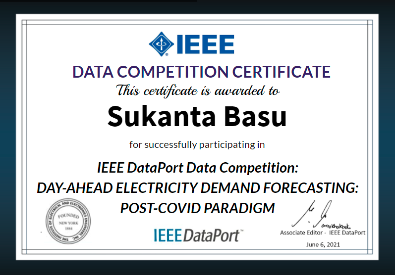 IEEE DataPort Data Competition Certificate, awarded to Sukanta Basu