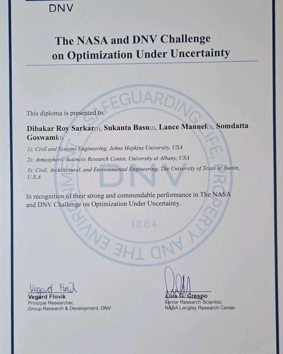 Diploma for The NASA and DNV Challenge on Optimization Under Uncertainty