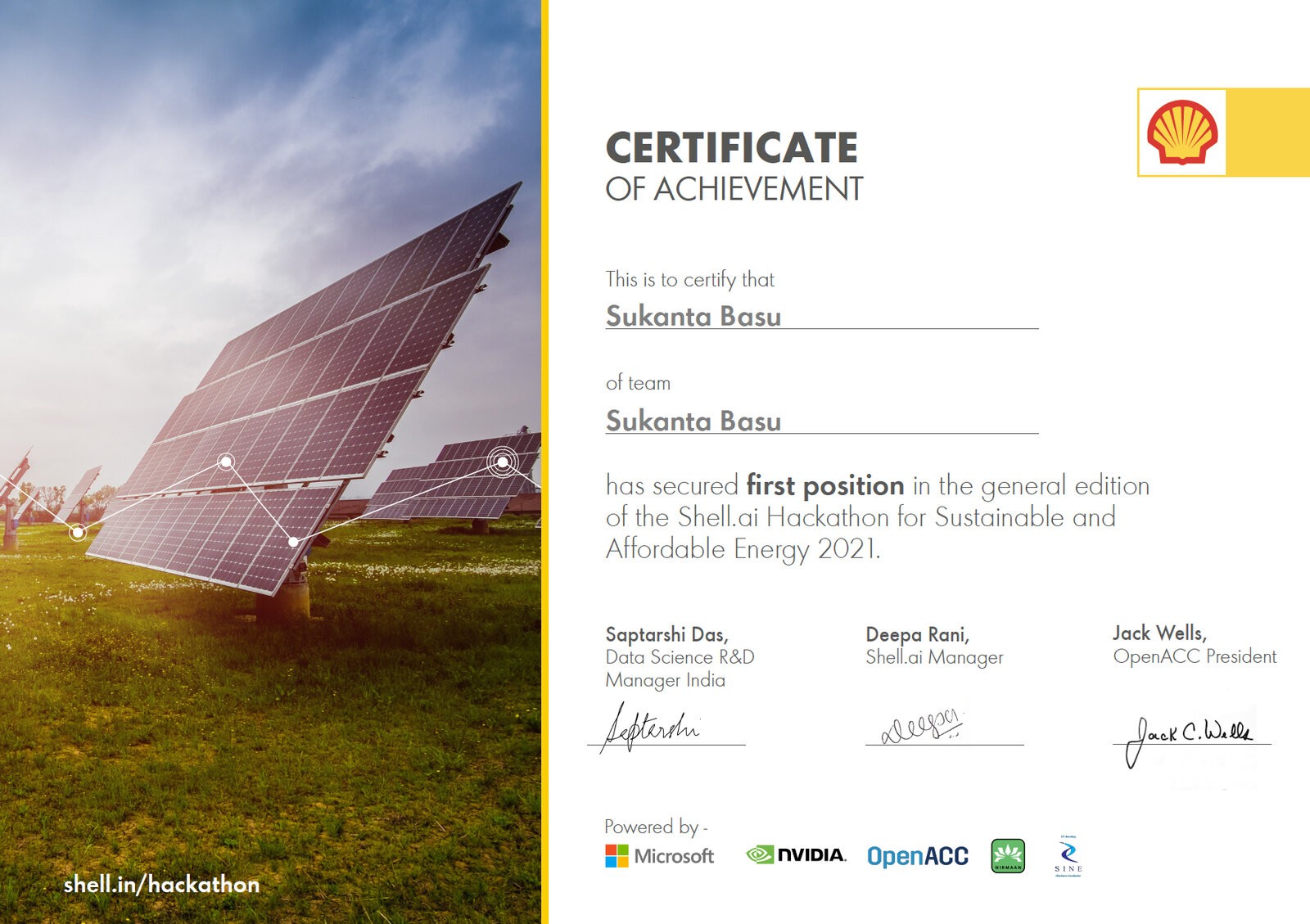 Shell.ai Hackathon for Sustainable and Affordable Energy 2021 — Certificate of Achievement, first position