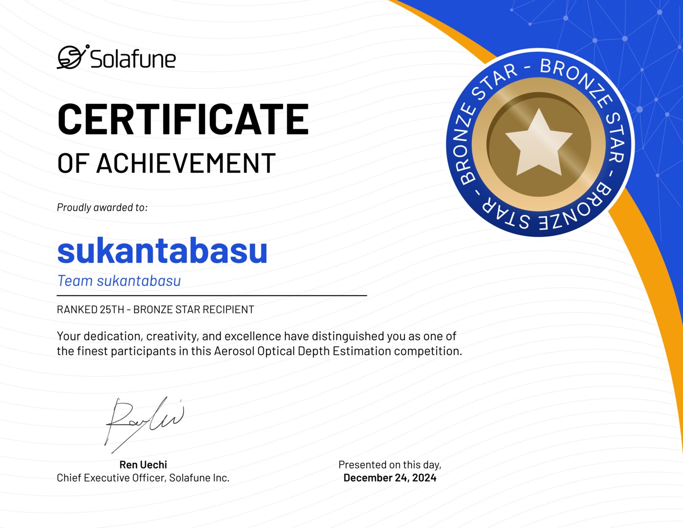 Solafune Aerosol Optical Depth Estimation — bronze-star certificate, ranked 25th, awarded to team sukantabasu